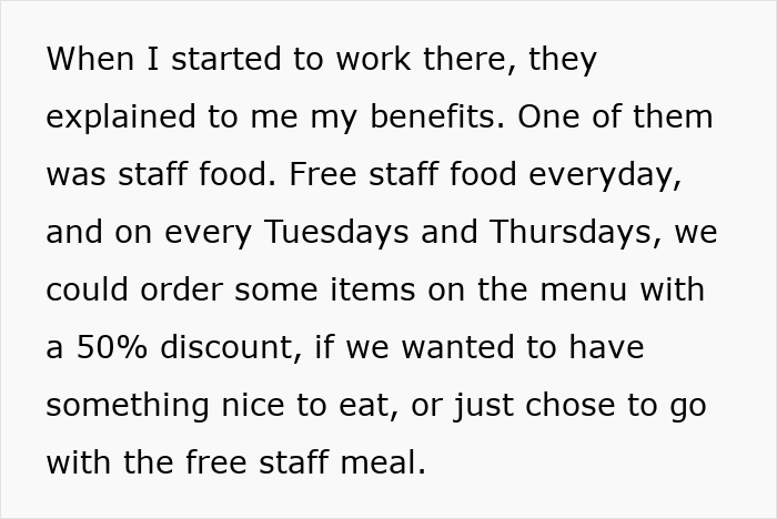 A text screenshot about restaurant benefits and staff food discounts A text screenshot about restaurant benefits and staff food discounts