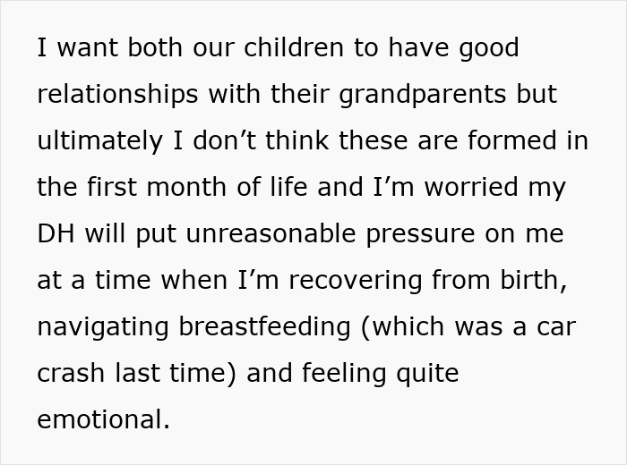 Text excerpt discussing a mom-to-be wanting postpartum help from her mom while husband focuses on grandparent balance.