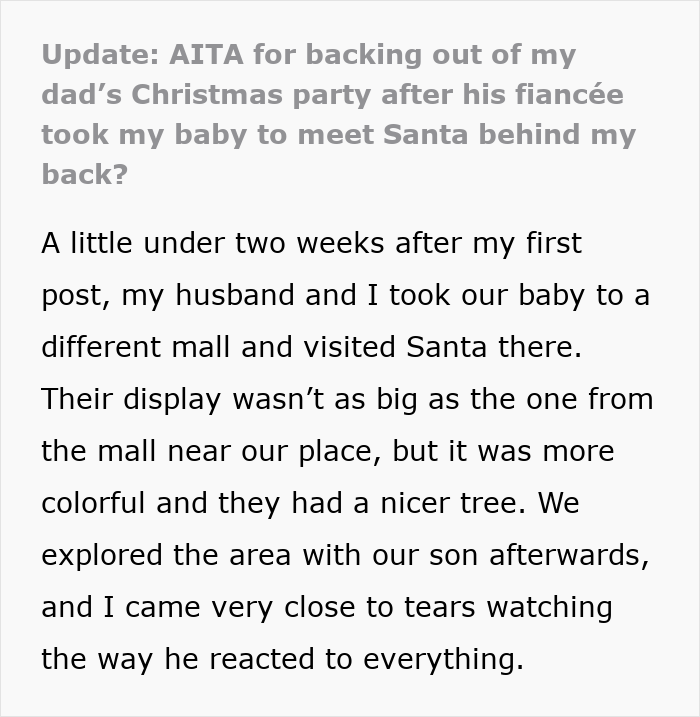 Step-grandma sneaks baby to Santa while watching him, causing family to lose babysitting privileges forever. Step-grandma sneaks baby to Santa while watching him, causing family to lose babysitting privileges forever.