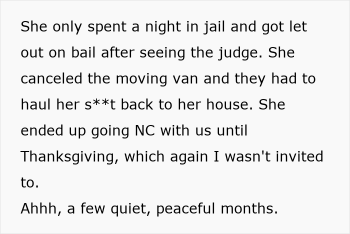 Text snippet about MIL spending a night in jail, released on bail, cancelling moving van after trying to evict DIL. Text snippet about MIL spending a night in jail, released on bail, cancelling moving van after trying to evict DIL.