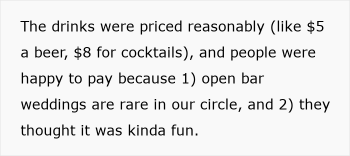 Text excerpt about reasonably priced drinks at a dry wedding where alcohol was secretly sold to cover costs. Text excerpt about reasonably priced drinks at a dry wedding where alcohol was secretly sold to cover costs.