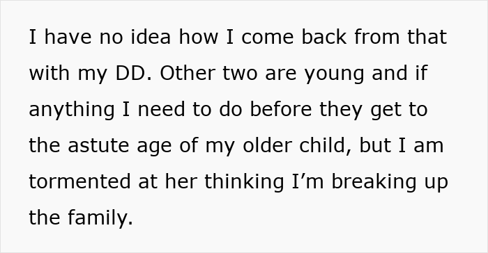 A screenshot showing text from a wife at her wits' end, worried about her children thinking she is breaking up the family. A screenshot showing text from a wife at her wits' end, worried about her children thinking she is breaking up the family.