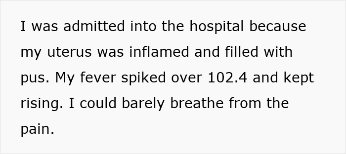 Text snippet detailing the severity of the post C-section infection, including inflammation and fever. Text snippet detailing the severity of the post C-section infection, including inflammation and fever.