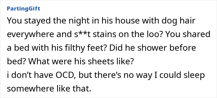 Text message conversation about staying overnight at a man’s house discovering messy conditions and dirty sheets. Text message conversation about staying overnight at a man’s house discovering messy conditions and dirty sheets.