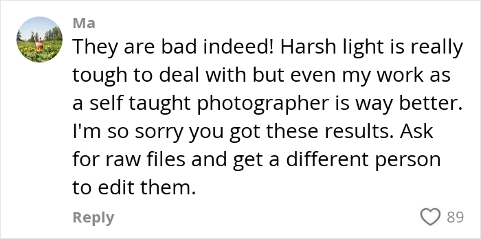 Comment discussing how a woman considers recreating wedding photos because the originals are so bad. Comment discussing how a woman considers recreating wedding photos because the originals are so bad.