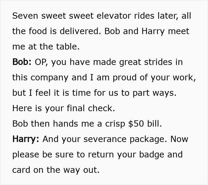 Text excerpt showing a corporate comedy scene where lawyers deliver a severance package and final check to a baker.
