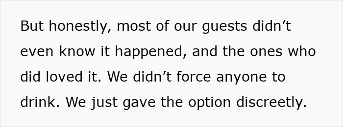 Text excerpt about secretly providing alcohol at a dry wedding to cover costs, with discreet serving mentioned. Text excerpt about secretly providing alcohol at a dry wedding to cover costs, with discreet serving mentioned.