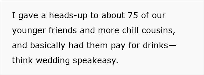 Text snippet describing secretly selling alcohol at a dry wedding to cover costs, likened to a wedding speakeasy. Text snippet describing secretly selling alcohol at a dry wedding to cover costs, likened to a wedding speakeasy.
