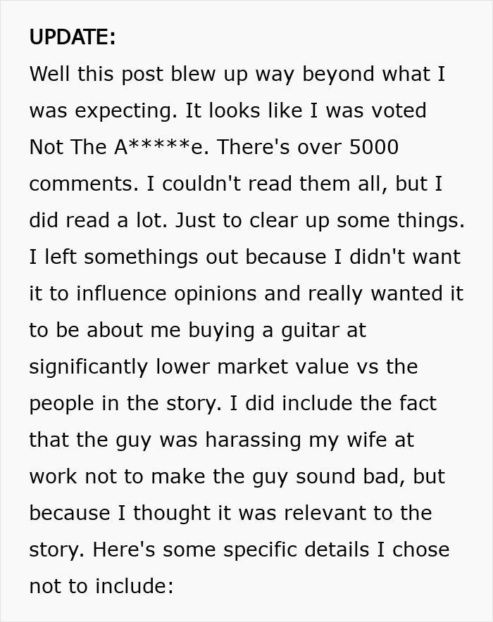 Text update explaining a man buying a guitar at a lower market value, refusing to sell it back when the seller learns the truth. Text update explaining a man buying a guitar at a lower market value, refusing to sell it back when the seller learns the truth.