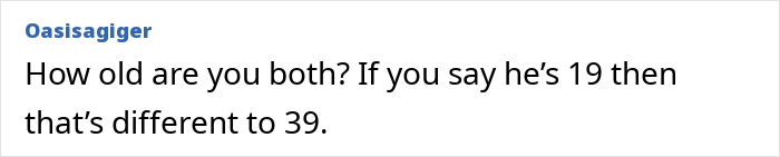 Text comment on a screen discussing age difference in relation to a man partying the night before meeting his girlfriend’s parents.