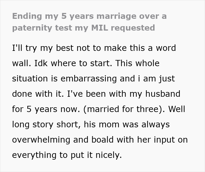 Screenshot of text about ending a marriage over a paternity test, showing MIL driving woman to leave her son. Screenshot of text about ending a marriage over a paternity test, showing MIL driving woman to leave her son.