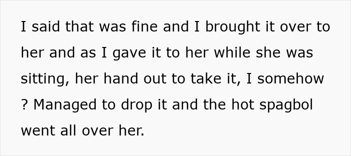 Text excerpt about a man accidentally dropping hot spaghetti on his fiancée after she got a tattoo of his late brother’s face. Text excerpt about a man accidentally dropping hot spaghetti on his fiancée after she got a tattoo of his late brother’s face.