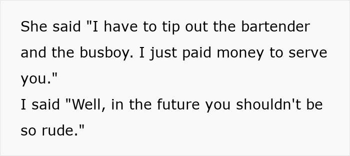 Text conversation about tipping 83 cents, debating politeness and responsibilities of tipping bartenders and busboys.