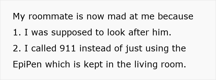 Text on screen explaining a roommate refusing to pay medical bills after an allergic reaction involving an EpiPen. Text on screen explaining a roommate refusing to pay medical bills after an allergic reaction involving an EpiPen.