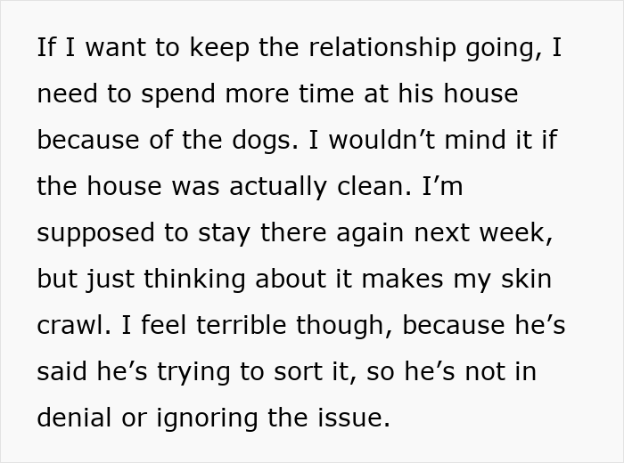 Alt text: Woman thinks she’s met a perfect man but feels uneasy about spending time at his home due to cleanliness and dogs. Alt text: Woman thinks she’s met a perfect man but feels uneasy about spending time at his home due to cleanliness and dogs.