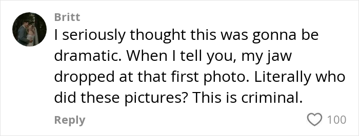 Comment on social media expressing shock and calling original wedding photos criminally bad, prompting idea to recreate them. Comment on social media expressing shock and calling original wedding photos criminally bad, prompting idea to recreate them.