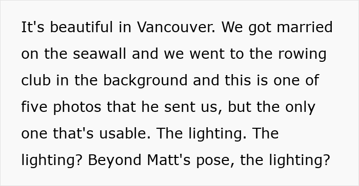 Woman considering recreating wedding photos due to poor lighting and unusable original pictures by the rowing club seawall. Woman considering recreating wedding photos due to poor lighting and unusable original pictures by the rowing club seawall.