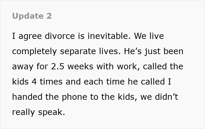 A screenshot of text describing a wife contemplating divorce after years of marriage. A screenshot of text describing a wife contemplating divorce after years of marriage.