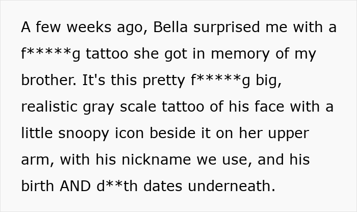 Alt text: Woman showing realistic gray scale tattoo of man's late brother’s face on her upper arm with dates and nickname Alt text: Woman showing realistic gray scale tattoo of man's late brother’s face on her upper arm with dates and nickname