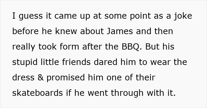 Text describing the bet that led the bro to wear a dress to the wedding, mocking a trans friend. Text describing the bet that led the bro to wear a dress to the wedding, mocking a trans friend.