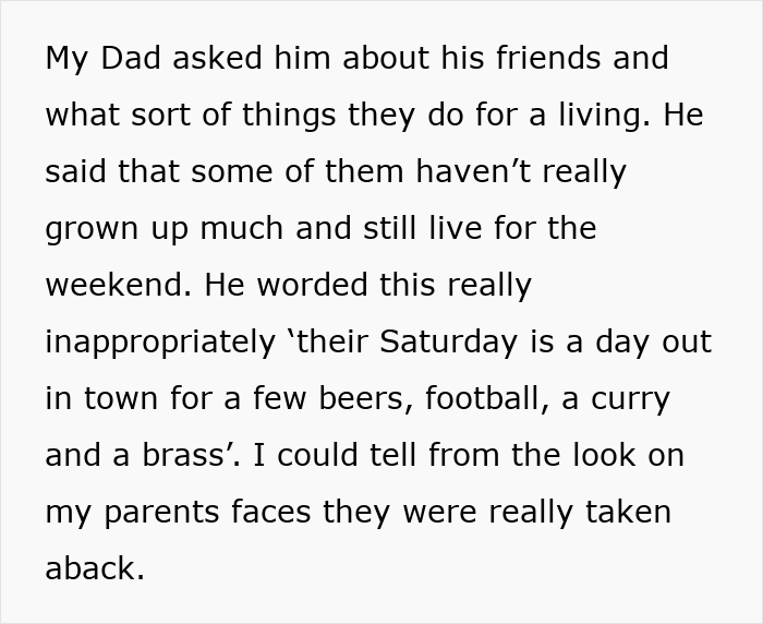 Text excerpt about a man partying before meeting his girlfriend’s parents and upsetting them during lunch due to his behavior.