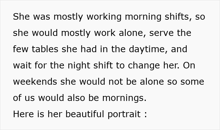 Text describing the working shifts of a bossy coworker. Text describing the working shifts of a bossy coworker.