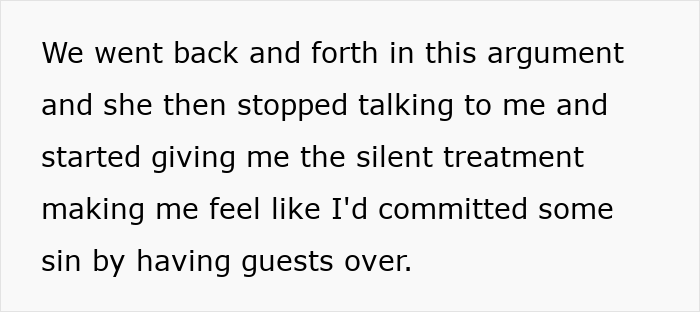 Argument text describing a man expecting his wife to cook when inviting guests over, causing tension and silent treatment. Argument text describing a man expecting his wife to cook when inviting guests over, causing tension and silent treatment.
