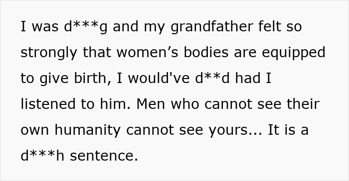 Text about the dangers of listening to a grandad who thinks a woman is faking a post c-section infection. Text about the dangers of listening to a grandad who thinks a woman is faking a post c-section infection.