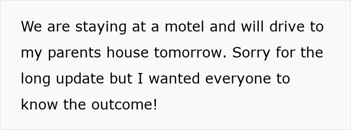 Text on screen showing a message about staying at a motel and updating everyone on the delivery room prank outcome.