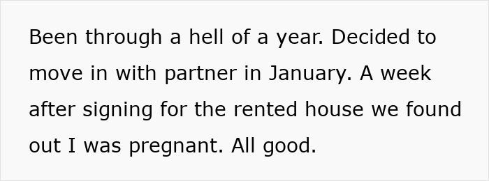 Text excerpt about a woman moving out after breakup, mentioning pregnancy and renting a house during a challenging year. Text excerpt about a woman moving out after breakup, mentioning pregnancy and renting a house during a challenging year.