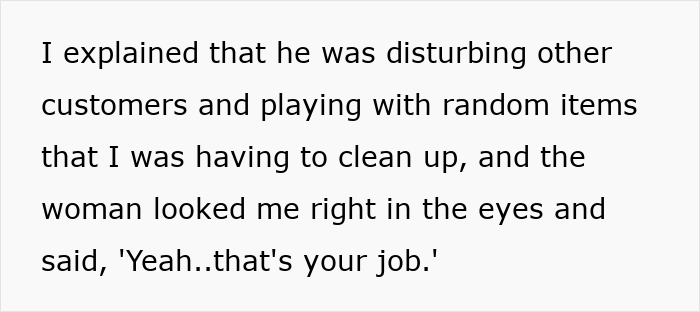 ALT text: Text describing a parent explaining damages caused by an unattended kid in a pet store after being charged. ALT text: Text describing a parent explaining damages caused by an unattended kid in a pet store after being charged.