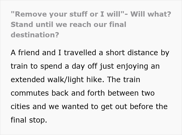 Train passengers debating to remove their stuff or stand until reaching the final destination on a short commute trip.