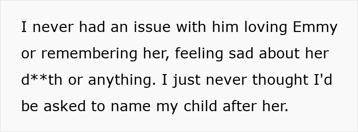 Alt text: Text about a man wanting to name his baby after his first girlfriend, upsetting his wife years later. Alt text: Text about a man wanting to name his baby after his first girlfriend, upsetting his wife years later.