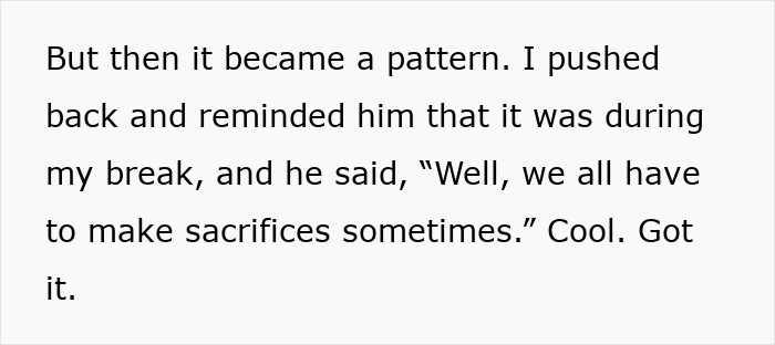 Text excerpt showing an employee pushing back on boss demanding meetings during lunch breaks and sacrifices made at work. Text excerpt showing an employee pushing back on boss demanding meetings during lunch breaks and sacrifices made at work.