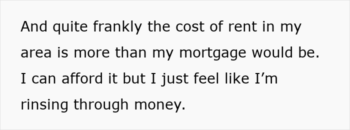 Text snippet: reflecting on high rent cost compared to mortgage, feeling like money is being wasted after husband broke postnup promise. Text snippet: reflecting on high rent cost compared to mortgage, feeling like money is being wasted after husband broke postnup promise.