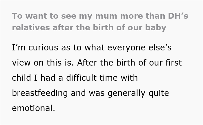 Text post discussing a mom-to-be seeking postpartum help from her mom while husband focuses on grandparent balance.