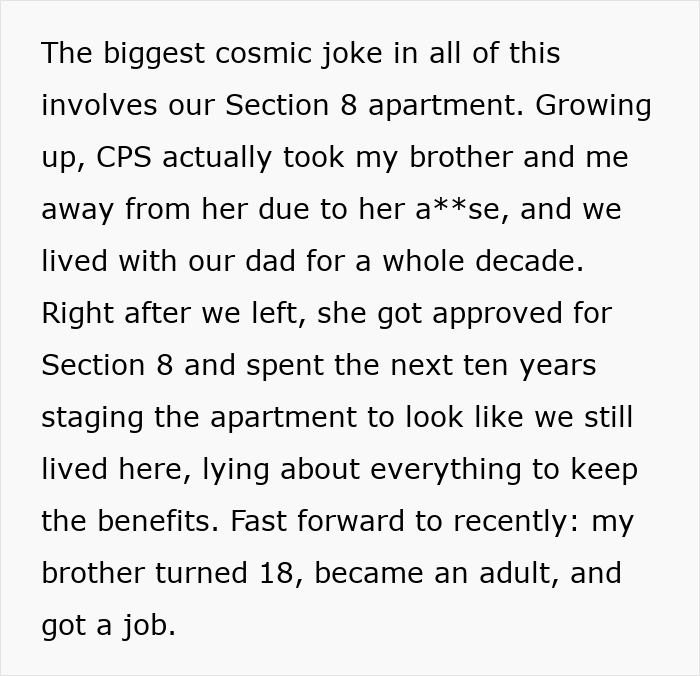 Text about a narcissist mom's history with Section 8 housing and how she used it to maintain benefits. Text about a narcissist mom's history with Section 8 housing and how she used it to maintain benefits.