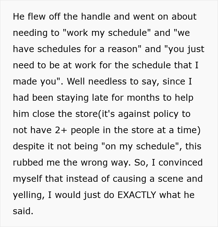 Text excerpt describing a guy refusing to stay late and deciding to strictly stick to his schedule at work. Text excerpt describing a guy refusing to stay late and deciding to strictly stick to his schedule at work.
