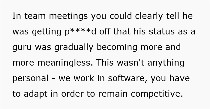 Black text on a white background, explaining that Shane's status was diminishing due to a colleague's work, connected to workplace bullying. Black text on a white background, explaining that Shane's status was diminishing due to a colleague's work, connected to workplace bullying.