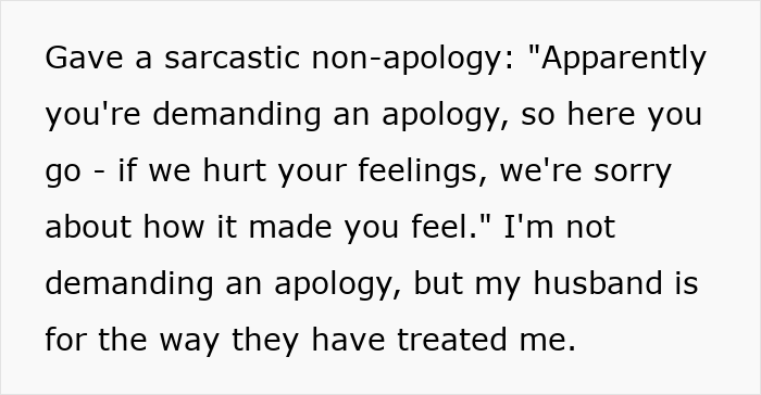 A screenshot of text describing a sarcastic non-apology given by the FIL regarding the DIL's miscarriage. A screenshot of text describing a sarcastic non-apology given by the FIL regarding the DIL's miscarriage.