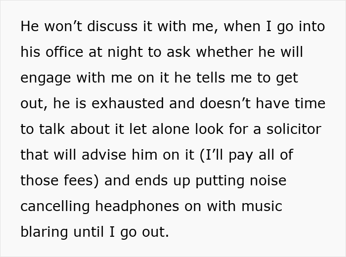 Text snippet detailing a husband's refusal to discuss a postnup after years of marriage. Text snippet detailing a husband's refusal to discuss a postnup after years of marriage.
