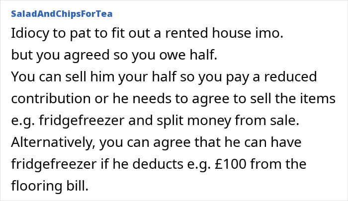 Text message discussing a woman asked to pay half for house upgrades after moving out following a breakup. Text message discussing a woman asked to pay half for house upgrades after moving out following a breakup.