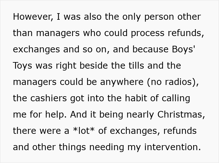 Text excerpt describing a woman handling refunds and exchanges at work, highlighting manager and coworker dynamics. Text excerpt describing a woman handling refunds and exchanges at work, highlighting manager and coworker dynamics.