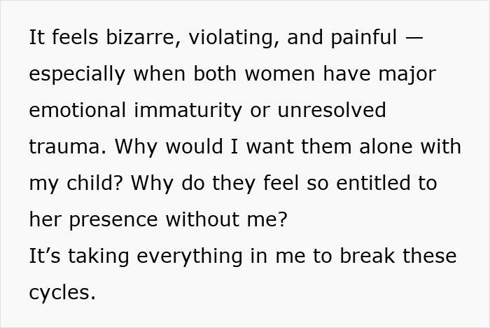 Text about a mom feeling deeply uncomfortable leaving baby alone with mom or mother-in-law due to emotional trauma.
