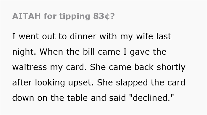 Text excerpt about tipping 83 cents, describing a dinner with wife and waitress card declined, related to tipping question.