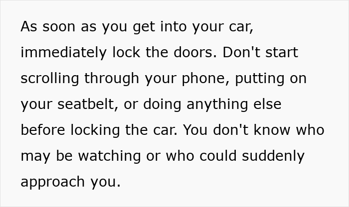 Screenshot of text advising women on car safety, including locking doors immediately. Screenshot of text advising women on car safety, including locking doors immediately.