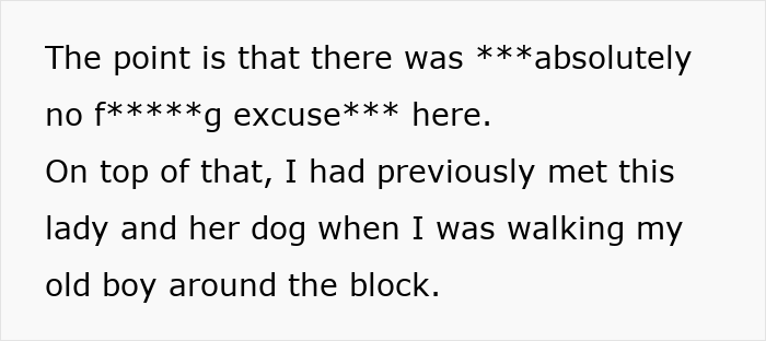 Text excerpt discussing a man’s petty revenge on an entitled dog owner during a neighborhood walk. Text excerpt discussing a man’s petty revenge on an entitled dog owner during a neighborhood walk.