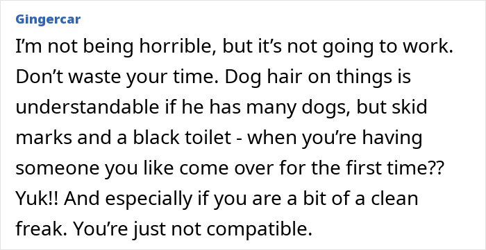 Comment on woman thinks she’s met a perfect man until she visits his home, discussing cleanliness and compatibility concerns. Comment on woman thinks she’s met a perfect man until she visits his home, discussing cleanliness and compatibility concerns.