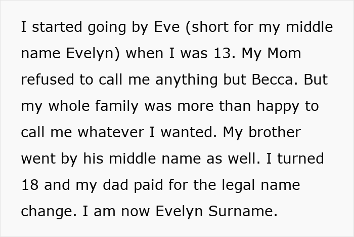 Teen changes her name to Evelyn, mother refuses to accept it, causing family conflict and going no contact over name change.