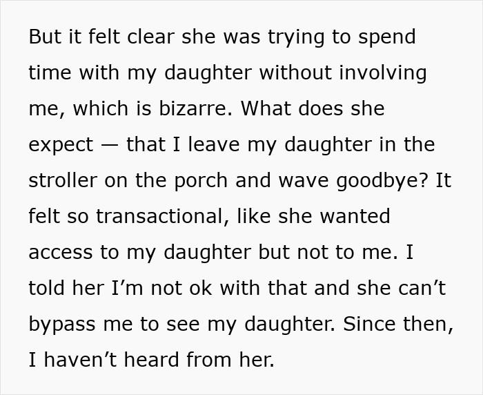 Text excerpt discussing a mom feeling deeply uncomfortable leaving her baby with mom or MIL alone due to trust issues.